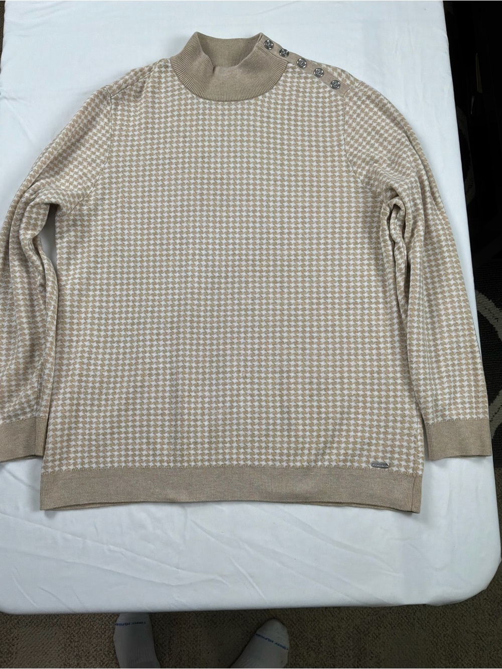 Calvin Klein Beige Houndstooth Crewneck Sweater with Shoulder Buttons